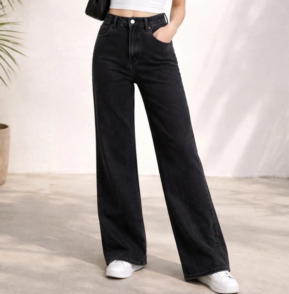 Ceros Jeans Women 29 Black Faded Wide Leg High Rise Stretch Denim EUC